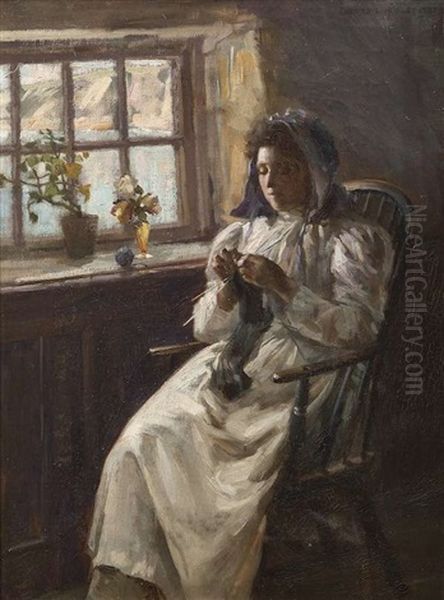 Lady Knitting By A Window Oil Painting by Edward George Hobley