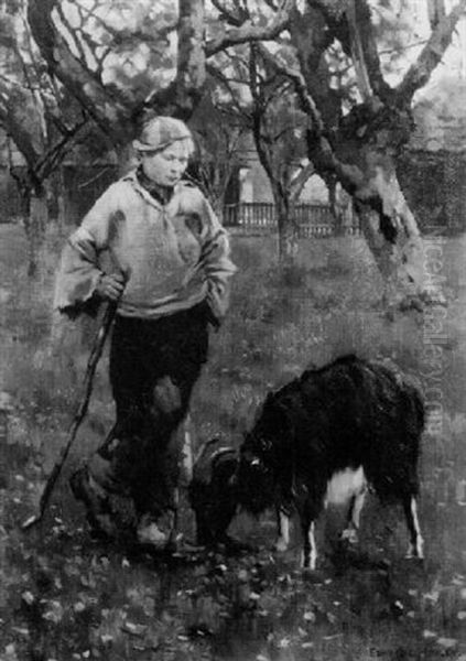 Boy And Goat Oil Painting by Edward George Hobley