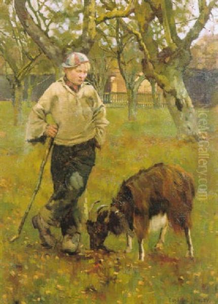 Boy And Goat Oil Painting by Edward George Hobley