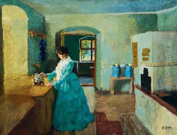 Woman In The Kitchen Oil Painting by Franz Xaver Hoch