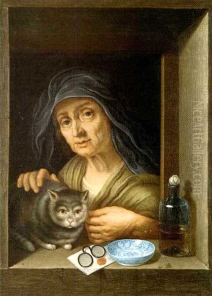 Femme Et Son Chat A La Fenetre Oil Painting by Johann Jakob Hoch