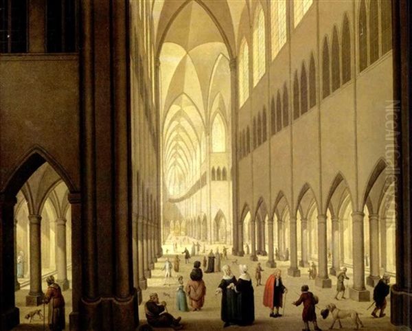 A Gothic Church Interior With Numerous Figures Conversing Oil Painting by Johann Jakob Hoch