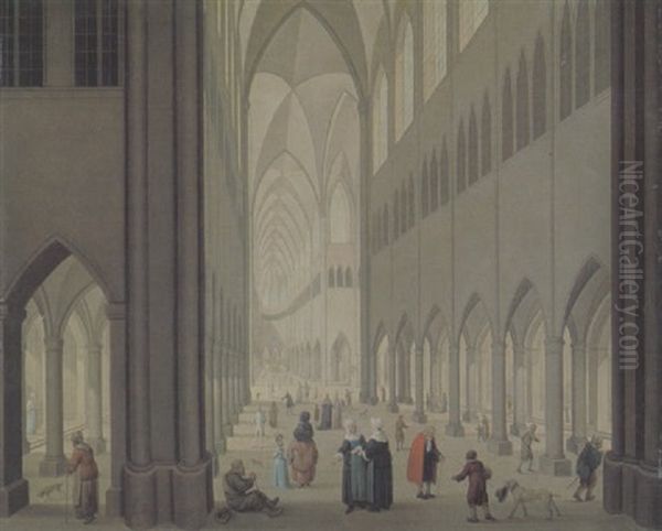 Inneres Einer Gotischen Kirche Mit Vielen Figuren Und Vier Hunden Oil Painting by Johann Jakob Hoch