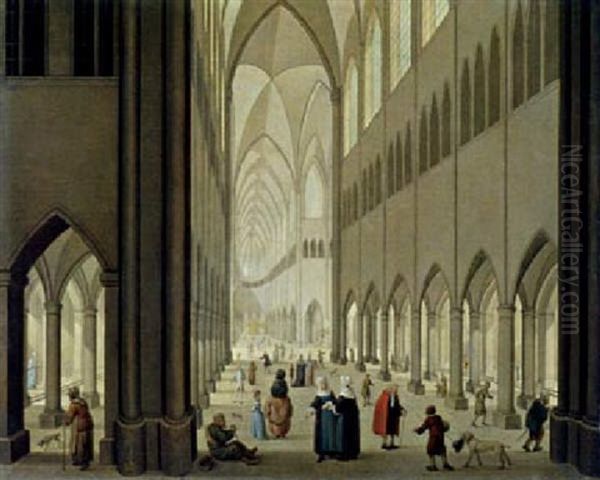 Inneres Einer Gotischen Kirche Mit Vielen Figuren Und Vier Hunden Oil Painting by Johann Jakob Hoch