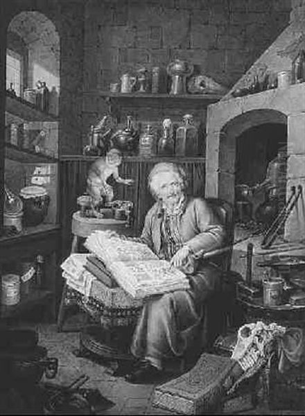 An Alchemist Seated In His Laboratory, Pointing To The Open Page Of An Anatomy Book Oil Painting by Johann Jakob Hoch