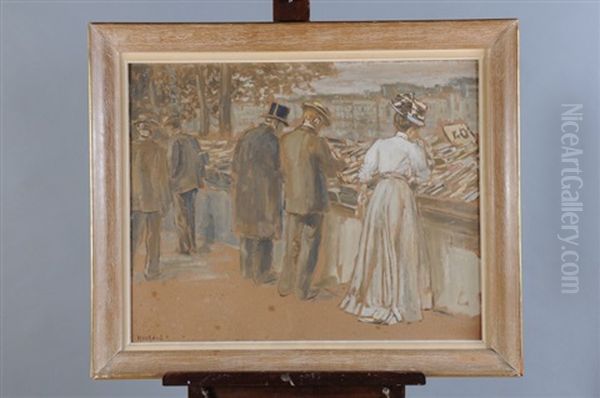 Flaneurs Devant Bouquiniste Oil Painting by Gaston Hochard