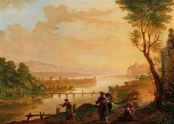 A River Landscape At Sunset Oil Painting by Franz Hochecker