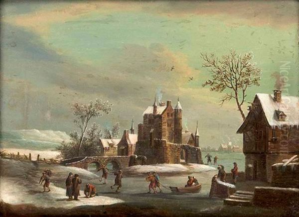 Winterlandschaft Mit Schlittschuhlaufern by Franz Hochecker