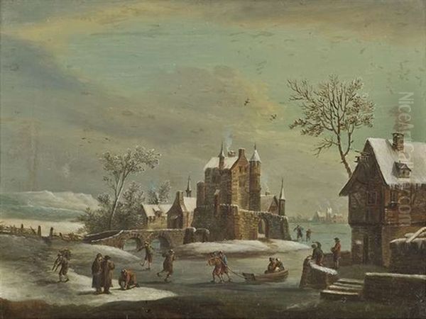 Winterlandschaft Mit Schlittschuhlaufern Auf Einem Zugefrorenen Kanal. Sommerliche Flusslandschaft Im Fruhen Abendlicht (pair) by Franz Hochecker