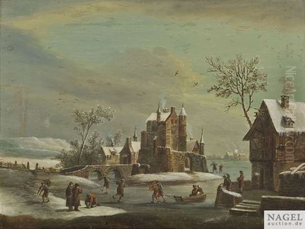 Winterlandschaft Mit Schlittschuhlaufern Auf Einem Zugefrorenen Kanal. Sommerliche Flusslandschaft Im Fruhen Abendlicht (pair) Oil Painting by Franz Hochecker