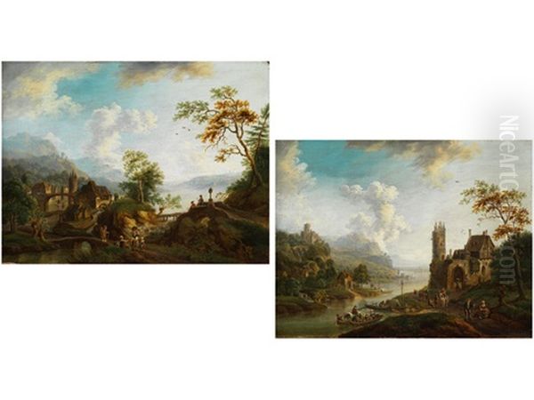 Rheinlandschaft Mit Hohenzugen Und Uferstadtchen (+ Rheinburg-anlage Mit Reicher Figurenstaffage; Pair) Oil Painting by Franz Hochecker