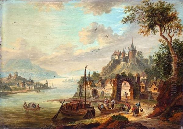 Weite Flusslandschhaft Mit Burg Und Einem Stadtchen Oil Painting by Franz Hochecker