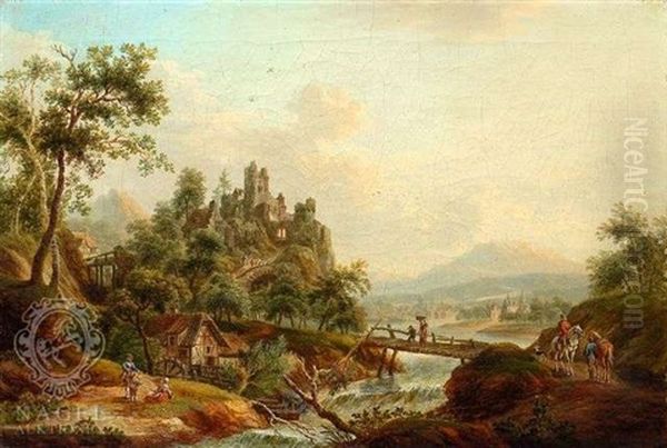 Flusslandschaft Mit Einer Muhle Zu Fusen Einer Grosen Burgruine Oil Painting by Franz Hochecker