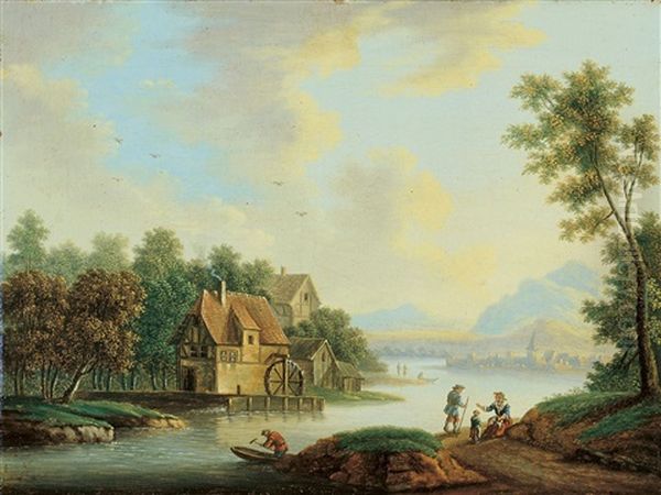 Flusslandschaft Mit Wassermuhle Oil Painting by Franz Hochecker