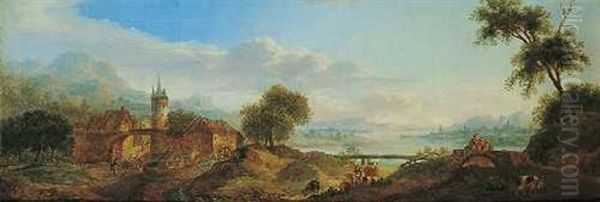 Rheinlandschaft Mit Einem Dorf, Hirten Und Ziegenherde Oil Painting by Franz Hochecker