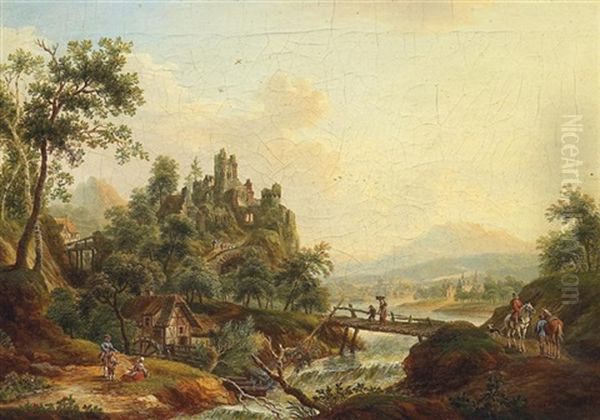 Ideale Romantische Flusslandschaft Im Vordergrund Eine Holzbrucke Und Eine Wassermuhle, Figurenstaffage Oil Painting by Franz Hochecker