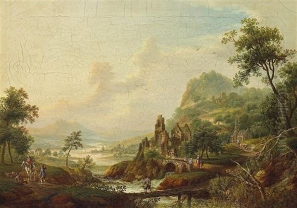 Ideale Romantische Fluslandschaft Mit Kirchen Und Schlosruine, Figurenstaffage Oil Painting by Franz Hochecker