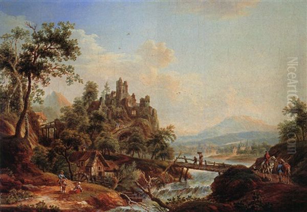 Flusslandschaft Mit Einer Grossen Burguine, Einer Muhle, Brucke Und Reitern (+ Burggesaumte Flusslandschaft Mit Einer Brucke Und Figurenstaffage; Pair) Oil Painting by Franz Hochecker