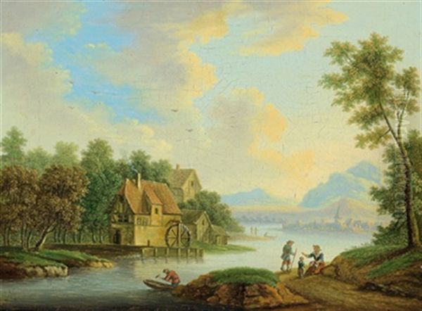 Flusslandschaft Mit Hausern, Einer Muhle Und Figuren Oil Painting by Franz Hochecker