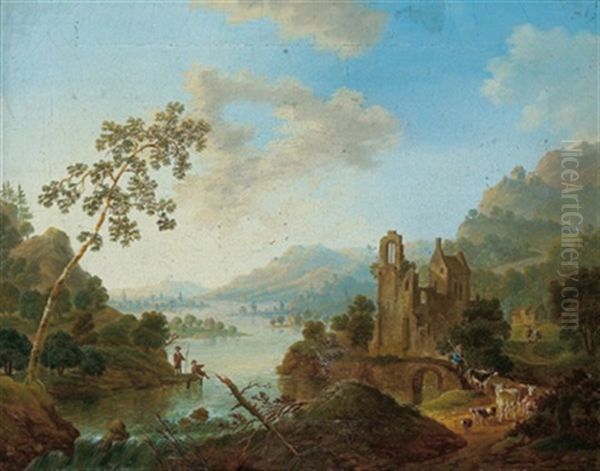 Rheinlandschaft Mit Ruinen Und Einem Herdenzug Oil Painting by Franz Hochecker