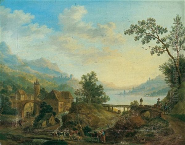 Rheinlandschaft Mit Hausern, Einer Wassermuhle Und Einer Hirtin Mit Herde Oil Painting by Franz Hochecker