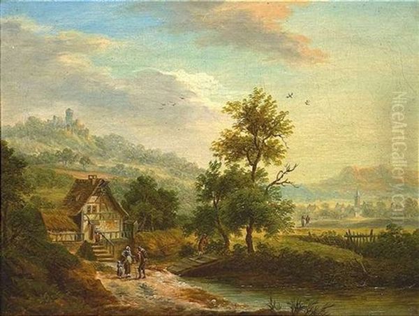 Burggesaumte Fluslandschaft Mit Landvolk Vor Einer Muhle, Im Hintergrund Rechts Eine Dorf Oil Painting by Franz Hochecker