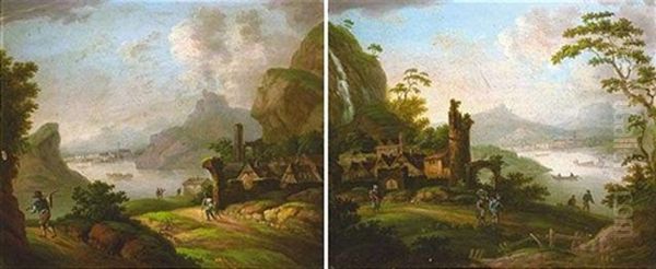 Pittoreske Fluslandschaft Mit Ruinen (+ Dorf Und Figurenstaffage; Pair) Oil Painting by Franz Hochecker