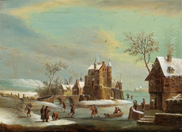 Winterlandschaft Mit Schlittschuhlaufern Oil Painting by Franz Hochecker