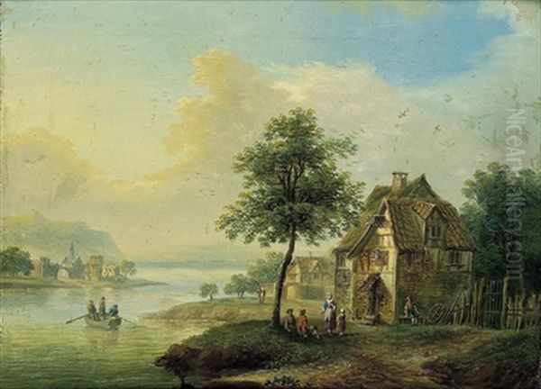 Sommerlandschaft Mit Dorf An Einem Fluss, Einem Ruderboot Und Figuren Oil Painting by Franz Hochecker