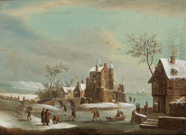 Winterlandschaft Mit Schlittschuhlaufern Oil Painting by Franz Hochecker