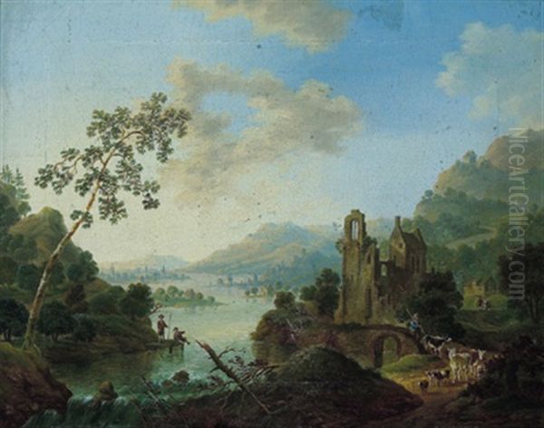 Rheinlandschaft Mit Ruinen Und Einem Herdenzug by Franz Hochecker