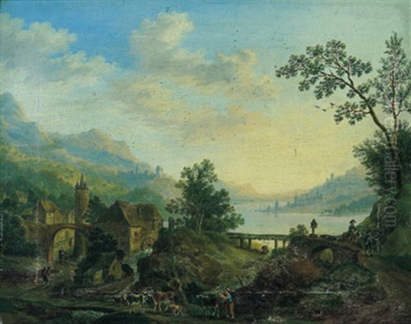 Rheinlandschaft Mit Hausern, Einer Wassermuhle Und Einer Hirtin Mit Herde Oil Painting by Franz Hochecker