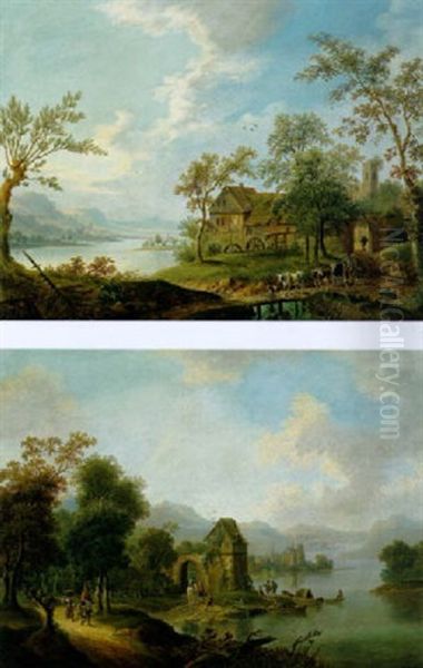 Fluslandschaft Mit Booten, Reitern, Einer Herde, Wassermuhlen Und Einem Turm Mit Verfallenem Torbogen Oil Painting by Franz Hochecker