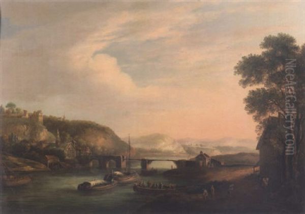 A River Landscape With Ferry Preparing To Embark With Trade Vessels Approaching A Bridge, A Watermill, Church And Town On An Embankment, Mountains Beyond Oil Painting by Franz Hochecker