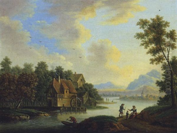 Fluslandschaft Mit Wassermuhlen Oil Painting by Franz Hochecker