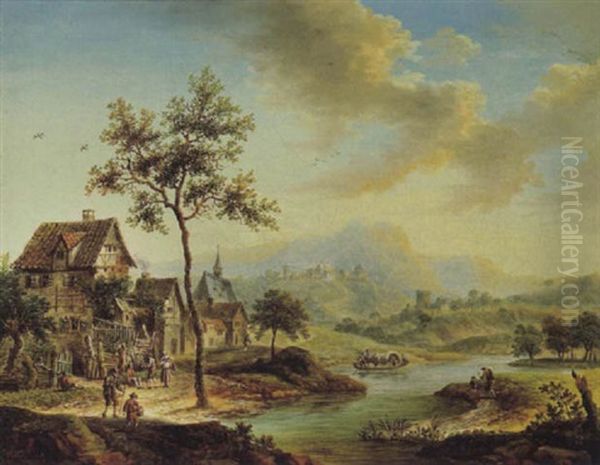 Gebirgige Fluslandschaft Mit Einem Dorf Und Figuren Oil Painting by Franz Hochecker