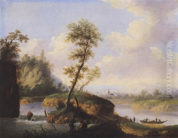 Flusslandschaft Mit Fischern Und Booten Oil Painting by Franz Hochecker