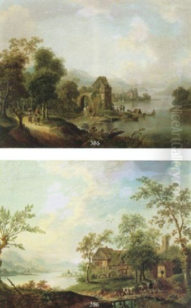 Flusslandschaft Mit Dorf Und Fischer Oil Painting by Franz Hochecker