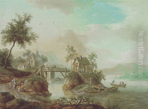 Flusslandschaft Mit Fussgangern Und Booten Oil Painting by Franz Hochecker