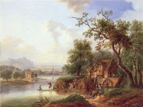 Fluslandschaft Mit Fischern Bei Einer Wassermuhle Oil Painting by Franz Hochecker