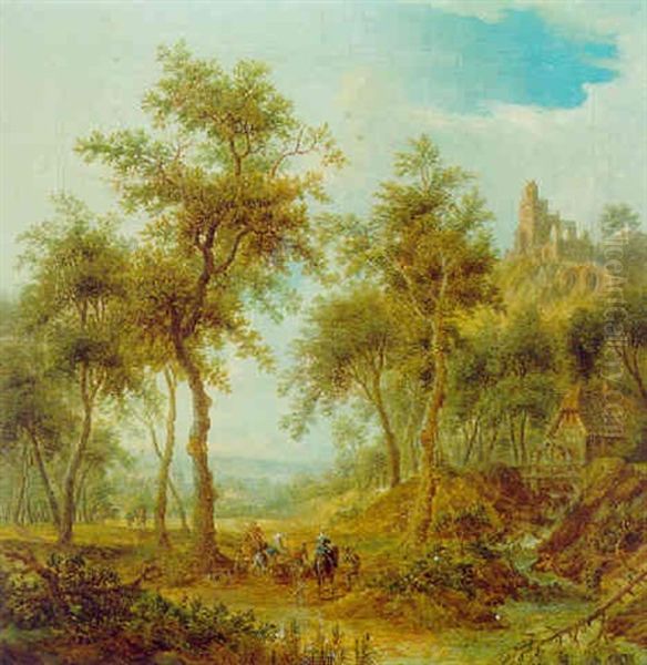 Bewaldete Landschaft Mit Einer Wassermuhle Und Einer Burgruine Oil Painting by Franz Hochecker