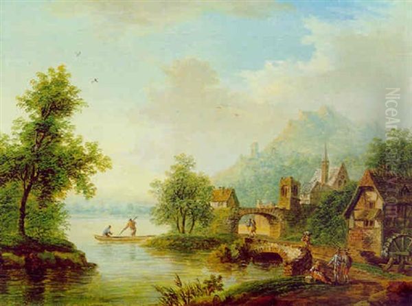 Rheinlandschaft Mit Einer Muhle Und Figuren Oil Painting by Franz Hochecker