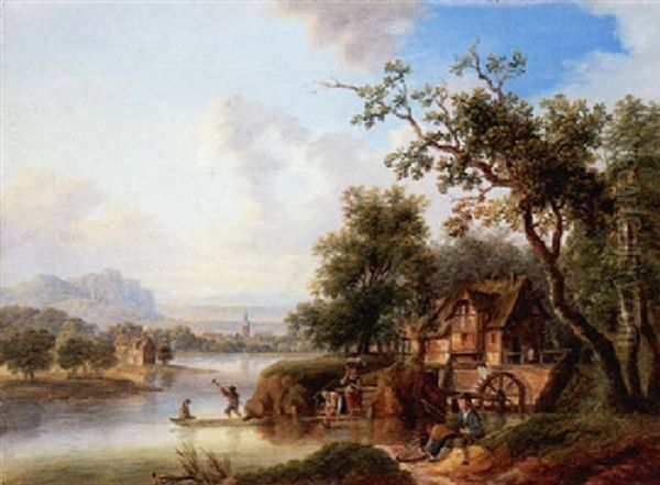 Flusslandschaft Mit Fischer Bei Einer Wassermuhle Oil Painting by Franz Hochecker