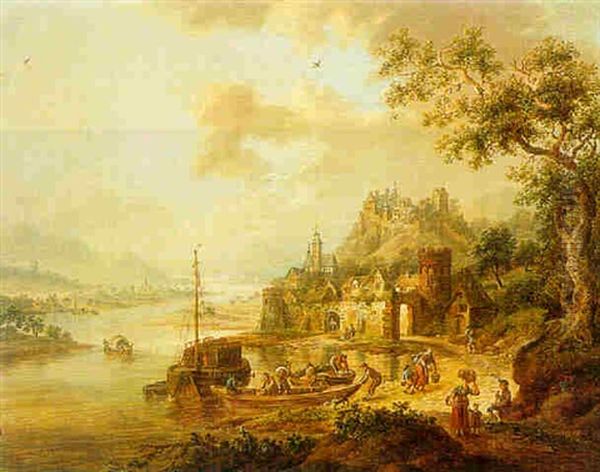 A Rhenish River Landscape With Figures Unloading A Vessel, A Town Nearby by Franz Hochecker