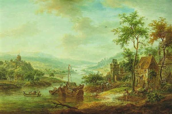 Rheinlandschaft Mit Booten Oil Painting by Franz Hochecker