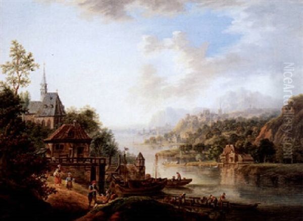 Flusslandschaft Mit Figuren, Links Im Vordergrund Personen Im Gesprach Vor Einem Dorf, Rechts Im Hintergrund Eine Stadt Mit Schloss Oil Painting by Franz Hochecker