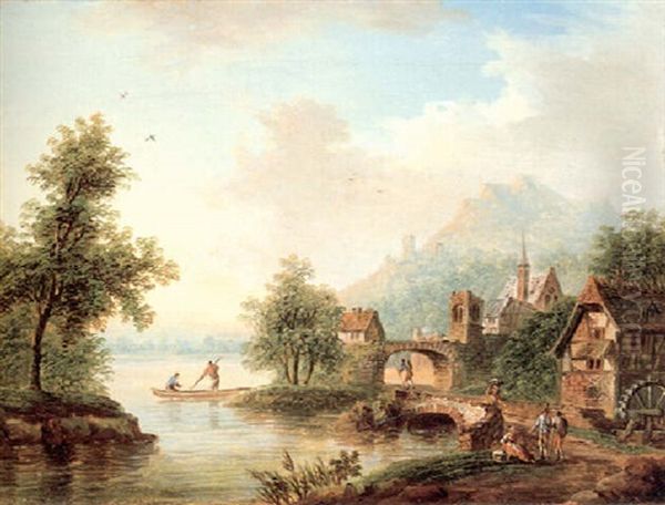 A Rhine Landscape With A Mill And Figures by Franz Hochecker