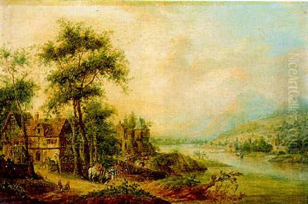 Flusslandschaft Mit Wagen Und Personen Am Ufer Oil Painting by Franz Hochecker