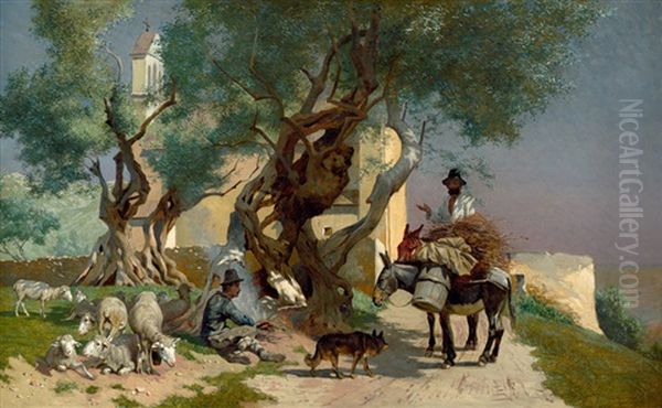 Italienische Landschaft Mit Campesinos In Einem Olivenhain Oil Painting by Franz Gustav Hochmann