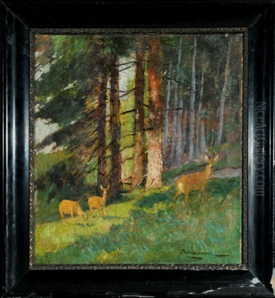 Rehe Im Bergwald Oil Painting by Franz Gustav Hochmann